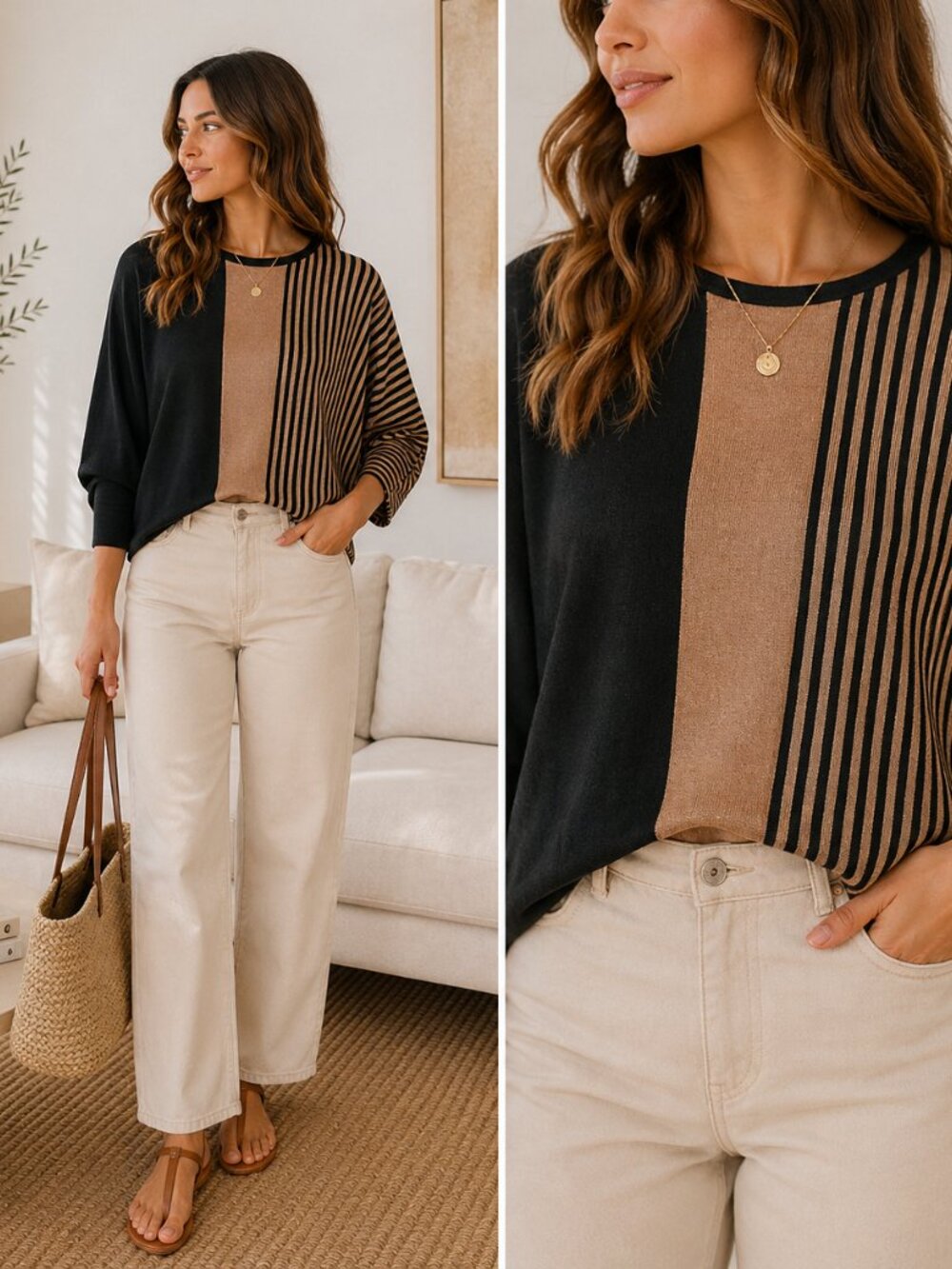 Quiet Luxury Batwing Dolman Sweater Tahari Black Camel Stripe Size Medium